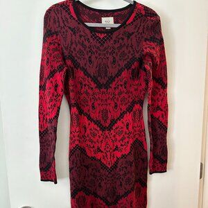ECI Long Sleeve Red & Black Sheath Sweater Dress